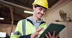 Architect, scroll and happy man with tablet on construction site, inspection or property management. Building, flare and person with tech for renovation update, smile and quality control on website