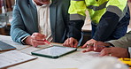 Architect, people or hands with tablet screen for construction planning, building ideas or strategy. Civil engineer, team or group with technology or blueprint for brainstorming architecture project