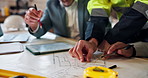 Architect, people or hands with blueprint for construction planning, building ideas or strategy. Civil engineer, team or group with technology for floor layout, brainstorming or architecture project