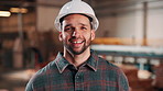 Carpentry, helmet or man in workshop with face, hazard protection or pride as timber craftsman. Smile, hardhat or artisan in factory with confidence, compliance or ppe gear in woodworking industry.