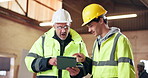 Meeting, construction and men with tablet for planning, online inventory and material for production. Engineering, supervisor and people with digital tech for inspection, manufacturing and schedule