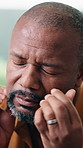 Man, headache and glasses in office with computer, wrong prescription lens or stress for marketing job. Tired, mature black person and migraine in company with eye strain, spectacles and pc glitch.