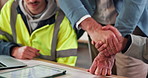 Architect, people and meeting with handshake for construction deal, partnership or teamwork in office. Group, civil engineer or shaking hands for architecture project, building or agreement together