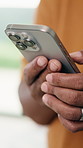 Man, hands and typing in home with phone, network or online connectivity for text message notification. Person, browsing and tech in house with mobile app, social media and digital communication.