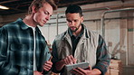 Team, men and talking with tablet in carpentry for production progress, project update or feedback. Carpenter, clipboard and people with tech for manufacturing, quality control and material planning