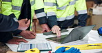 Construction, laptop and hands of men with blueprint, planning and layout for building project. Team, contractor and workers with paper, tech and design for renovation, engineering and architecture