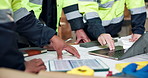 Meeting, hands and men with laptop for construction, blueprint or layout for building project. Team, engineering and workers with paperwork, tech and floor plan for renovation, design or architecture