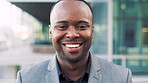 Business, man and face with laugh in city for commercial viewing, property management and about us. Leasing consultant, black person and happy outdoor for real estate scouting, experience or ambition