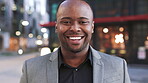 Business, man and face with smile in city for commercial viewing, property management and about us. Leasing consultant, black person or happy outdoor for real estate scouting, experience or ambition
