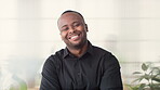 Sustainability, laugh or black man in agency with face, pride or opportunity as csr consultant. Happy, space or esg compliance advisor with portrait, about us or confidence in environmental services.