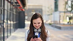 Smile, reading and woman with phone in city, internship application and email notification for message. Networking, job site and person with tech for research in town, internet search and connection