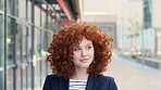 Thinking, realtor and woman with smile in city, showcase idea and reflection for property valuation. Planning, calm and  agent with housing market perspective, urban and vision for sale opportunity