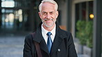Real estate, man or happy with face in city for urban property inspection, building leasing or pride. Rental agent, mature person and smile outdoor for commercial scouting, experience and confidence