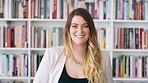 Woman, face and smile at bookstore with shelf, confidence and entrepreneurship with literature at shop. Person, small business owner and portrait with career, knowledge or information in New Zealand