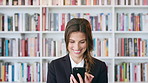 Teacher, app and happy woman with phone in library for academic study, knowledge or information. Female person, user or professor scrolling with smile on smartphone for online curriculum or syllabus