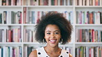 Black woman, face and student with smile for education at college by bookshelf, confident and library at campus. Girl, happy and portrait for learning, scholarship or study at university in Kenya