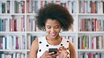 Teacher, laughing or happy woman with phone in library for academic study, knowledge or information. Female person, professor or scrolling with smile on smartphone for online curriculum or syllabus