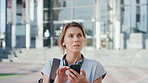 Woman, confused and phone in city for travel with search for location, click and holiday on getaway. Person, backpack or frustrated with thinking, mobile app and direction in urban town with vacation