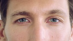 Blink, vision and face with closeup of eyes for retina health, optometry and lens prescription test. Ophthalmology, iris and perception with eyeball of person for cornea, focus and ocular screening