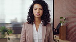 Woman, face and arms crossed at office with confidence, pride and career at legal advisory company. Person, attorney or agent with job, portrait and consultant in workplace at law firm in Costa Rica