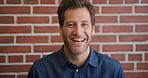 Laugh, professional and face of businessman by brick wall with confidence for career in real estate. Happy, job opportunity and portrait of mature male realtor with pride for company about us.