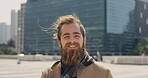 Business, face or man in city with good mood, about us or confidence in advertisement industry. Happy, wind or marketing specialist with portrait, positive attitude or opportunity in brand management