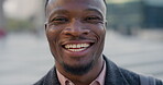 Business, face and laughing with black man in city for ambition, career or job satisfaction. Commute, funny and opportunity with happy employee outdoor in urban town for morning travel to work