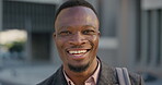 Business, commute or black man in town with face, ambition or about us as property seller. Space, smile or real estate agent outdoor with portrait, confidence or career opportunity in urban travel.