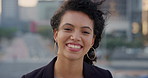 Face, business and woman with smile in city, marketing career and confidence for branding opportunity. Portrait, professional or marketer with ambition for campaign development, wind or pride in town
