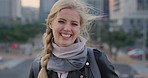 Happy, travel and face of businesswoman in city with confidence for creative career with growth. Laugh, job opportunity and portrait of public relations specialist with pride for about us in town.