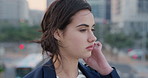 Face, student and wind in city with woman for confidence, learning opportunity or study. Breeze, ideas and person in urban town for higher education, knowledge or morning travel at college campus