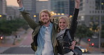 Night, face or couple with freedom in city, travel holiday or abroad sightseeing in weekend break. Portrait, bonding or happy people with evening tourism for vacation, bokeh or support in New York