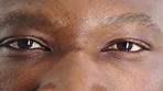 Man, vision and eye closeup with face for optometry test, optical health and ocular wellness. Eyesight examination, contact lenses and eyecare, visual assessment and portrait with laser treatment