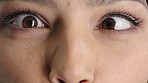 Optometry, funny face and eyes with examination, closeup or glaucoma screening for vision. Portrait, retina and woman with comic expression, eyesight assessment or visual tracking for ocular care.