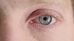 Person, optometry and eye with face for vision, optical health and medical test for ocular wellness. Eyecare, portrait and closeup with eyesight examination for glaucoma assessment or cornea disease
