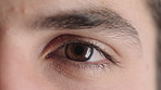 Face, man and eye with closeup for optometry, perception and awareness for eyesight. Portrait, male person and retina focus with peripheral vision, iris examination and optical care for visual health