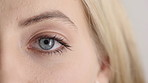 Face, eye and woman with pupil for optometry, perception and awareness for eyesight. Portrait, female person and retina with peripheral vision, iris examination and optical closeup for visual health