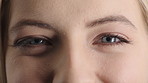 Face, eyes and woman with smile for optometry, perception and awareness for eyesight. Portrait, female person and retina with peripheral vision, iris examination and optical closeup for visual health