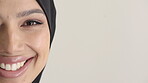 Teeth whitening, face and muslim woman in studio with dental, smile and oral care or mouth. Beauty, hygiene and orthodontics with person, mockup space and portrait for veneers on gray background