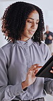 Woman, tablet and smile at office for review, insight or project proposal at insurance company. Person, broker or advisor with tech, feedback and typing with application at risk management agency