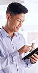 Man, tablet and smile at office for review, insight or project proposal at insurance company. Person, broker or advisor with tech, feedback and typing with application at risk management agency