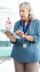 Reading, doctor and woman with tablet in hospital, digital healthcare services and medical journal. Scroll, research and mature gp with telehealth app for patient communication, tech and online help