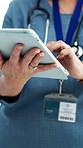 Research, doctor and hands with tablet in clinic, digital healthcare services and medical journal. Scroll, person or physician with telehealth app for patient communication, tech or online assistance