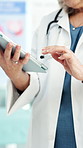 Research, doctor and hands with tablet in hospital, digital healthcare services and medical journal. Scroll, person and physician with telehealth app for patient communication, tech and online help