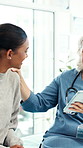 Good news, women and doctor with tablet in clinic for medical diagnosis, discussion or explain. Appointment, people and mature healthcare worker with tech for patient records, treatment and advice