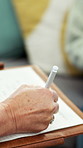 Hands, writing and therapist in office for counseling, client and mental health support or care. Psychology, notes and people in consultation for wellbeing with understanding, respect or empathy
