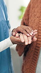 People, nurse or holding hands with senior patient for empathy, healthcare or understanding in house. Closeup, caregiver and touch with elderly care for comfort, sympathy or trust in nursing home