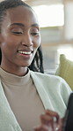 Reading, tablet and woman with laugh in home for bonding, browsing internet and video for connection. Support, happy and black couple with tech for movie subscription, watch series and comedy film