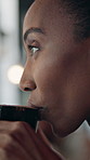Remote work, woman and thinking with coffee in cafe for reflection, story vision and break. Copywriter, black person and beverage at restaurant window for article inspiration, insight or freelancing