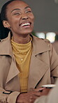 Laughing, coffee or black woman in cafe with chat, funny conversation or happy moment in bistro. Smile, gossip or person in restaurant with good mood, joke reaction or humor connection with hangout.